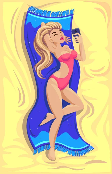 Girl model on the beach makes selfie. Vector — Stock Vector