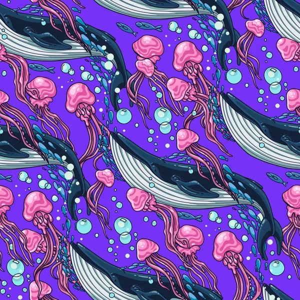 Seamless marine background with whales jellyfish 免版税图库矢量图片