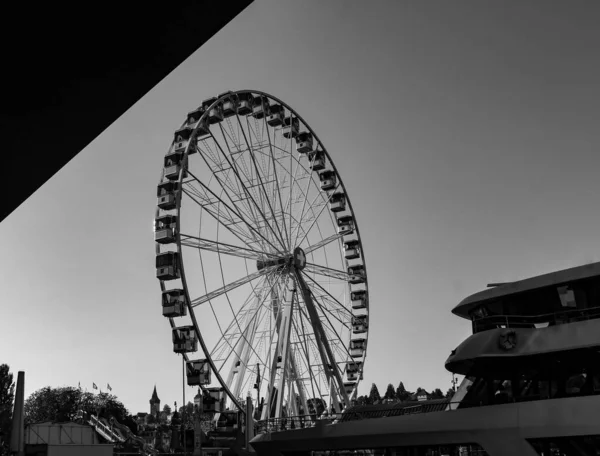 Preto Branco Imagem Roda Gigante Genebra Suíça — Fotografia de Stock