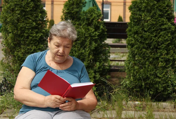 Una Anciana Está Sentada Patio Día Verano Leyendo Libro Concepto — Foto de Stock