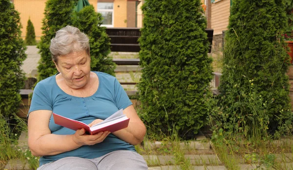 Elderly Woman Sitting Courtyard Summer Day Reading Book Concept Happy Stock Image