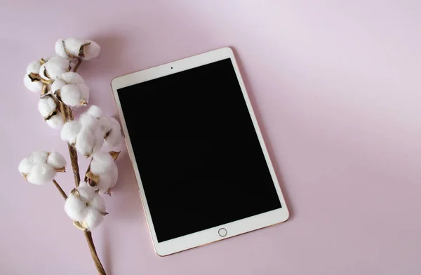 Moskova, Rusya - 19 Nisan 2020: iPad Pro 'da ekranda mor arka planda pamuk çiçeklerinin yanında 