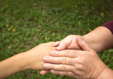 Büyükannenin elleri, küçük bir çocuğun elini yeşil çimen arka planında tutuyor. Nesiller arasında sevgi ve arkadaşlık kavramı. Uluslararası Yaşlılar ve Büyükbabalar Günü