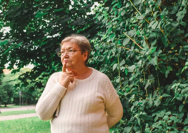 Beyaz yün kazaklı ve gözlüklü yaşlı bir kadın yeşil yaprakların arkasında parkta duruyor ve bir şeyler düşünüyor. Yaşam tarzı. Uluslararası Yaşlılar ve Büyükbabalar Günü