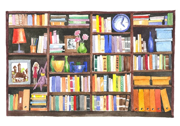 Aquarell Illustration Moderner Bibliotheksraum Mit Vielen Farbbüchern — Stockfoto