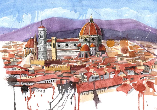 佛罗伦萨 意大利的水彩绘画 大教堂圣母百花 越来越多的视图 — 图库照片