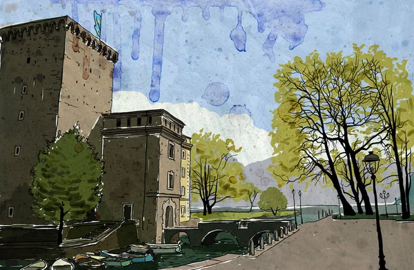 Ilustração aquarela da arquitetura. Sirmione, norte de Itália. castelo medieval Scaliger no lago Garda . — Fotografia de Stock