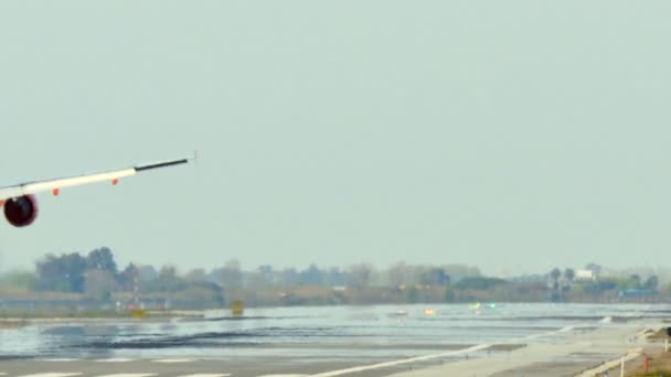 バルセロナ国際空港に民間旅客機が着陸 バルセロナ空港に着陸する航空機 旅客機着陸 バルセロナ空港に着陸する航空機 Easyjet旅客機着陸 滑走路に接近する飛行機 — ストック動画