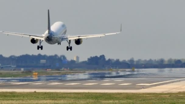 Kommersiell Trafikflygplan Landning Barcelonas Internationella Flygplats Airbus A320 200 Flygplan — Stockvideo