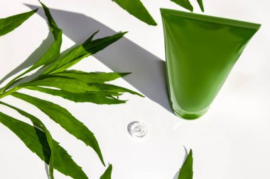 Şeffaf aloe vera jeli yeşil bir tüp. Yeşil yaprakların arasında beyaz bir arkaplanda