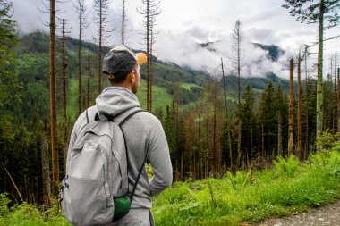 Bir adam dağlara seyahat eder. Yürüyüş. Yağmurlu bir günde yazın yüksek dağlar.