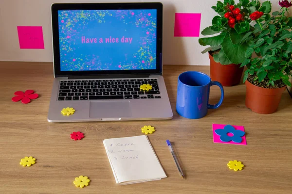 Caderno Letras Tenha Bom Dia Uma Xícara Café Azul Bloco — Fotografia de Stock