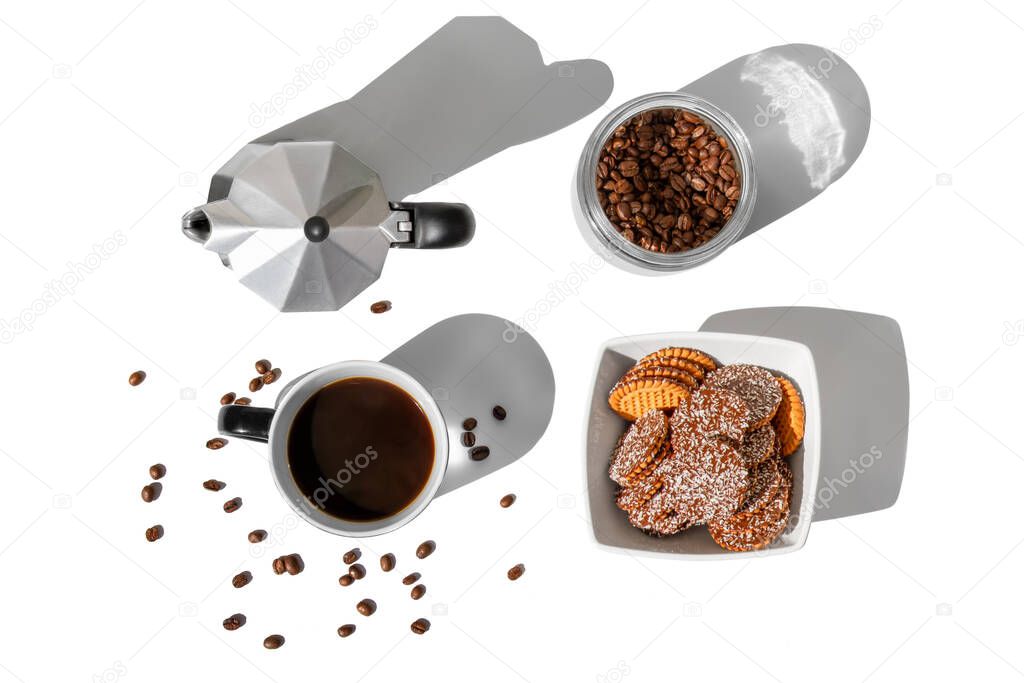 A cup of coffee, a plate of cookies, a jar of coffee beans and a turk on a white background.