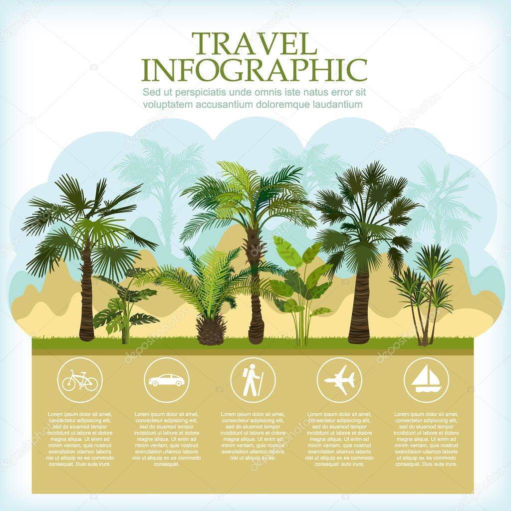 Traveling infographic with tropical landscape. Vacation and Outdoor Recreation. Recreation in nature. Vector illustration.