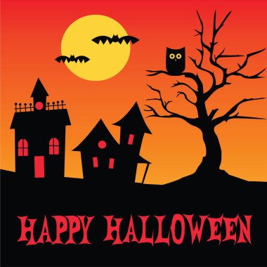 Cadılar Bayramı evleri, uçan yarasalar ve ağaç üzerinde baykuş