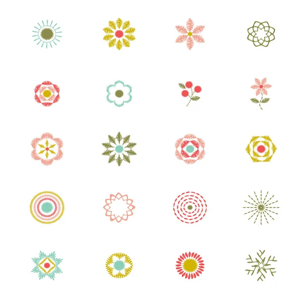 Pastel Floral Coser Iconos Bordados — Archivo Imágenes Vectoriales