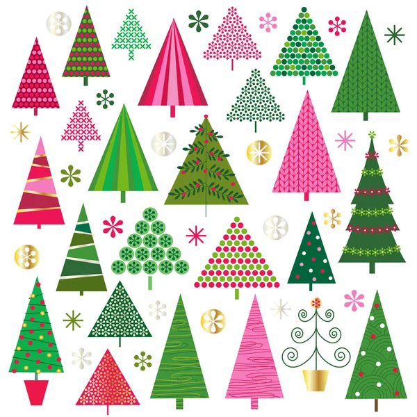 Colección Perfecta Árboles Navidad Colores Con Copos Nieve Aislados Blanco — Vector de stock