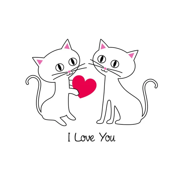 Schattige Kittens Met Rood Hart Valentines Day Wenskaart Ontwerp — Stockvector