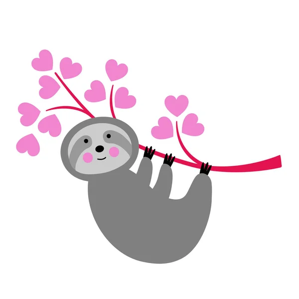 Cute Sloth Hanging Branch Hearts Valentines Day Greeting Card Design — Stock Vector