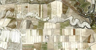 Einstein-Rosen hole,  tribute to Picasso, abstract photography of the Spain fields from the air, aerial view, representation of human labor camps, abstract art,  clipart