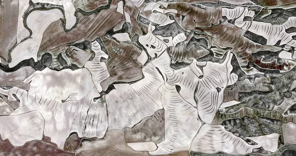 向毕加索致敬 从空中对西班牙田野进行抽象摄影 空中观看 展示人的劳动营 抽象艺术 — 图库照片