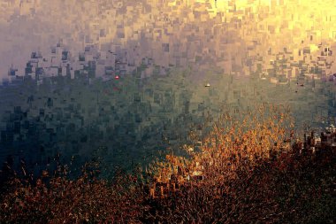 sunset in the city that never sleeps, abstract illustration with mosaic effects of gradient colors, tribute to Pollock, abstract expressionism, art, digital,  clipart