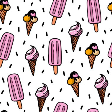 El çizimi vektör çizimi. Kusursuz desenli, beyaz arka planda dondurma. Doodle tarzı. Baskı, tekstil, ambalaj, duvar kağıdı için moda.