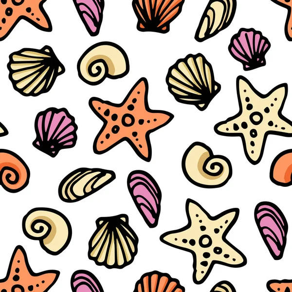 Seamless Pattern Seashells Hand Drawn Vector Illustration Summer Background Trendy — Stock Vector