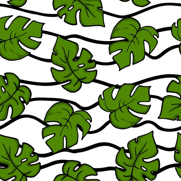 熱帯の葉とシームレスなパターン 手描きベクトルイラスト 夏の背景 壁紙のためのトレンディなテクスチャ — ストックベクタ