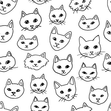 Kedilerle hoş, pürüzsüz bir desen. Elle çizilmiş vektör çizimi. Tek renkli arka plan. Yazdırma, tekstil, duvar kağıdı, ambalaj için doku.