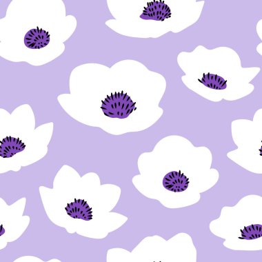 Güzel çiçek deseni. Mor arka planda beyaz çiçekler. Kusursuz vektör dokusu. El çizimi çizimi. Yazdırma, tekstil, ambalaj için şablon.