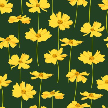 Yeşil arka planda sarı çiçekli kusursuz tekrarlama deseni. El çizimi vektör çizimi. Kumaş, tekstil ve baskı için harika..