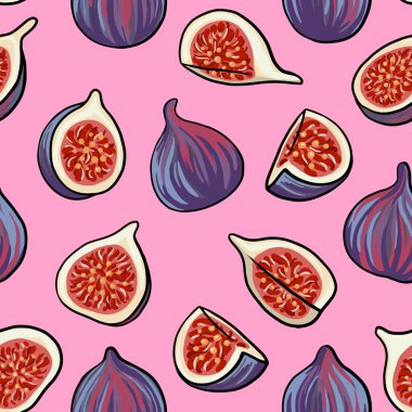 Pembe arka planda incirleri olan kusursuz bir desen. El çizimi vektör çizimi. Baskı için doku, tekstil. Yaz illüstrasyonu. Vektör meyve tasarımı. Doğal ve sağlıklı yiyecekler..