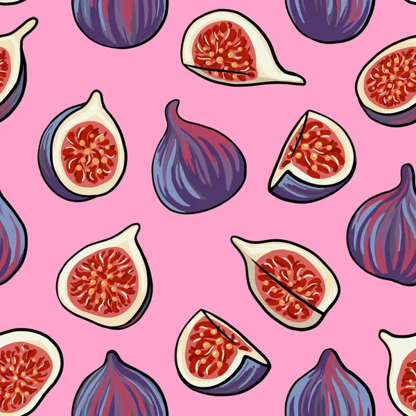 Pembe arka planda incirleri olan kusursuz bir desen. El çizimi vektör çizimi. Baskı için doku, tekstil. Yaz illüstrasyonu. Vektör meyve tasarımı. Doğal ve sağlıklı yiyecekler..