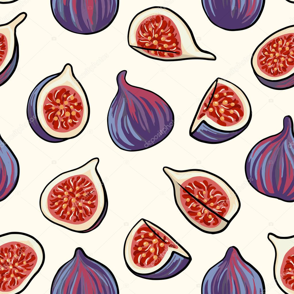 Seamless pattern with figs. Hand drawn vector illustration. Texture for print, textile. Summer illustration. Vector fruit design. Natural and healthy food.