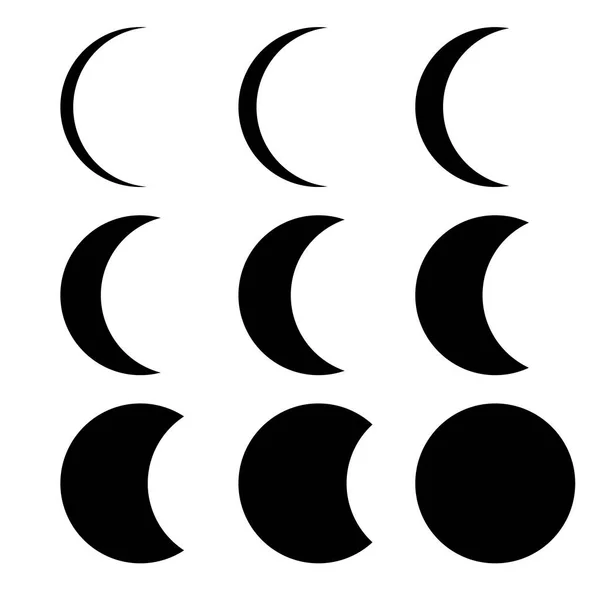 Conjunto Fases Lunares Ilustración Vectorial Iconos Web Símbolos Negros — Vector de stock