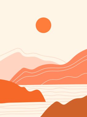 Soyut vektör manzarası. Pastel renklerde çağdaş illüstrasyon. Düz soyut tasarım. Boho duvar izi..