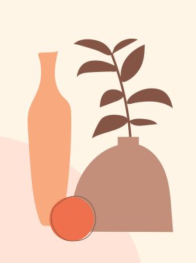 Vazolar ve yapraklarla çağdaş kompozisyon. Vektör çizimi. Boho duvar dekoru. Yüzyıl ortası sanat baskısı.