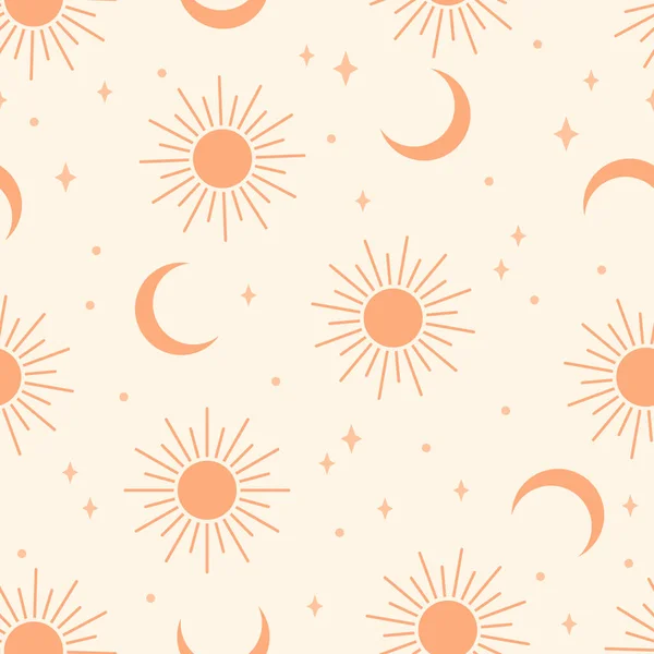 Güneş ve ay ile kusursuz bir desen. Çağdaş kompozisyon. Boho duvar dekoru. Yüzyıl ortası sanat baskısı. Yazdırma, tekstil, ambalaj için moda.