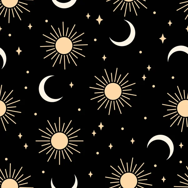 Nahtloses Muster Mit Sonne Und Mond Auf Schwarzem Hintergrund Zeitgenössische — Stockvektor
