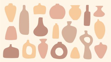 Vazo hazır. Çeşitli vazo çeşitleri. Boho dekoru. Pastel renklerde minimalist şekiller. Vektör koleksiyonu.