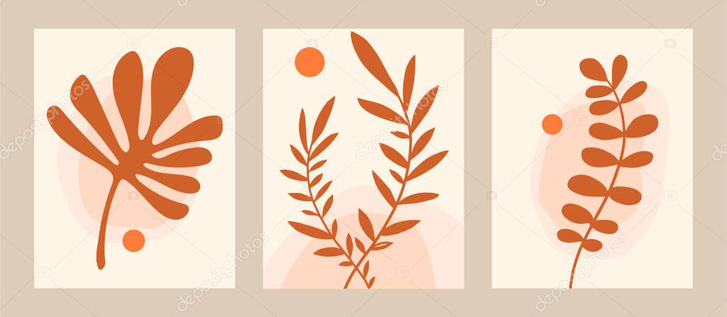 Vector set. Contemporary compositions with leaves. Abstract poster. Boho wall decor. Mid century art print.