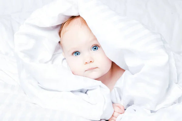 Cute Funny Little Baby Smiling White Blanket Copy Space — Stock Photo, Image