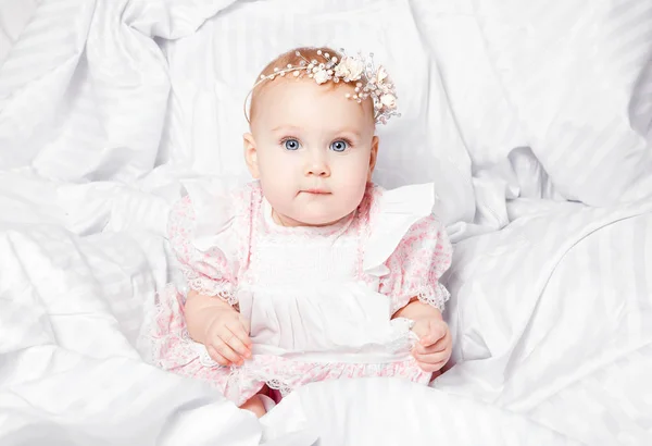 Cute Pretty Young Baby Girl Nice Dress White Blanket — Stock Photo, Image