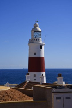 Gibraltar 23 Şubat 2018.The feneri Europa noktada olduğunu ilk da Avrupa'nın son deniz feneri. Deniz feneri Europa noktada Cebelitarık Boğazı saatler
