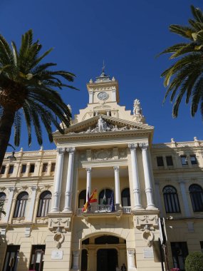 Malaga 21 Şubat 2018. Güzel Malaga City Hall muhtemelen Kuzey Afrika'dan parlak yeşil parakeets dolu palmiye ağaçları ile çevrili. Onların gürültü çok yüksek, zaman zaman trafiğin boğulma bir
