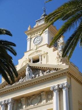 Malaga 21 Şubat 2018. Güzel Malaga City Hall muhtemelen Kuzey Afrika'dan parlak yeşil parakeets dolu palmiye ağaçları ile çevrili. Onların gürültü çok yüksek, zaman zaman trafiğin boğulma bir