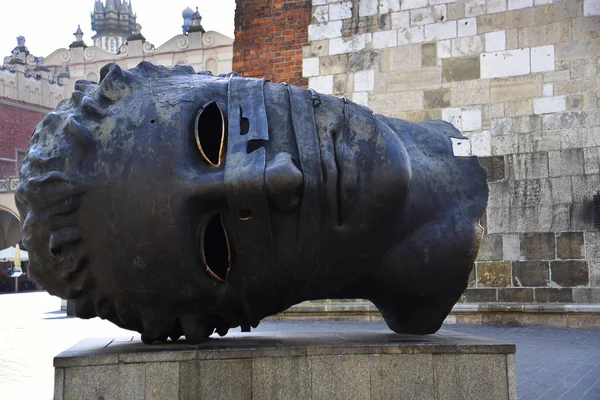Bronze Sculpture Giant Head Town Hall Krakow Poland Tower Town — Stock Photo, Image