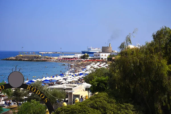 Порт Мандраки Греческом Острове Родези Три Ветряные Мельницы Форт Святого — стоковое фото