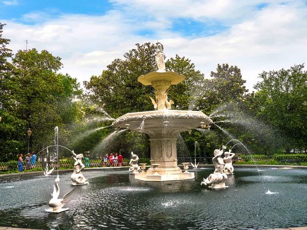 Statues Fontaines Dans Forsyth Park Savannah Georgia Usa Sont Célèbres — Photo